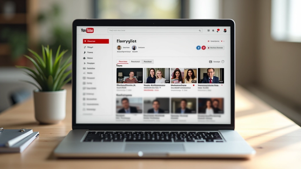 Laptop screen showing YouTube library page with playlists section displaying custom playlist thumbnails and organization options