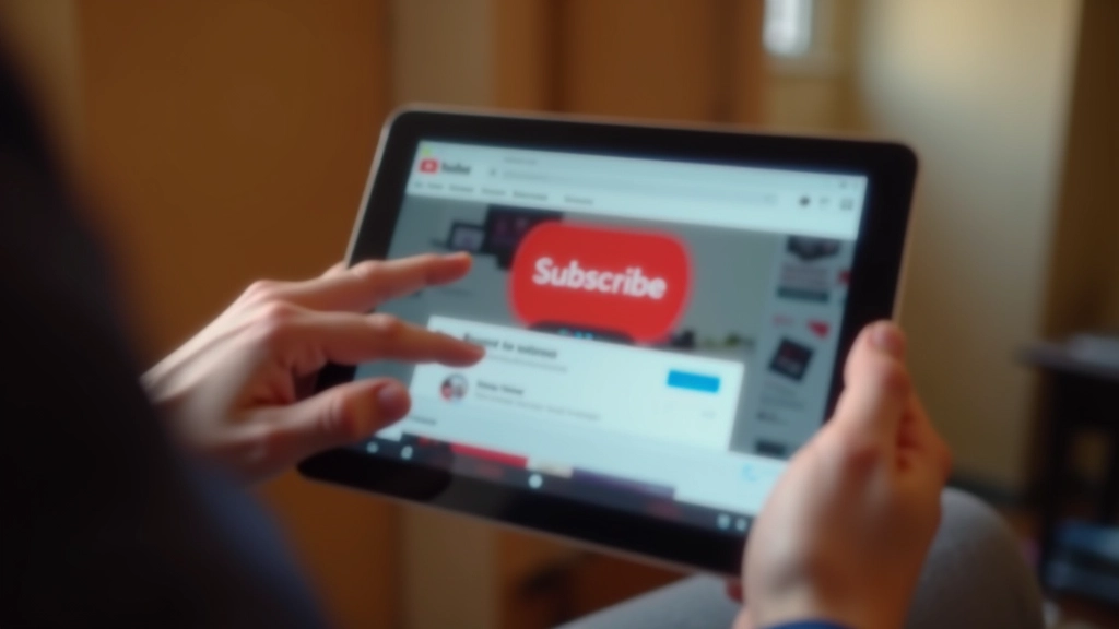 Tablet displaying YouTube channel page with subscribe button prominently visible and featured videos below