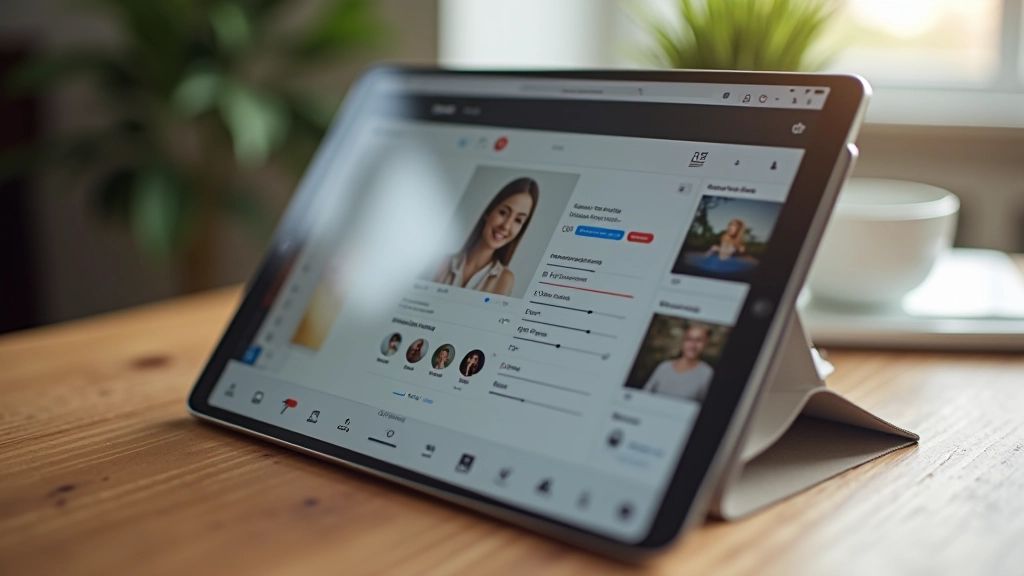 Tablet screen showing Instagram photo editing interface with brightness and contrast sliders visible