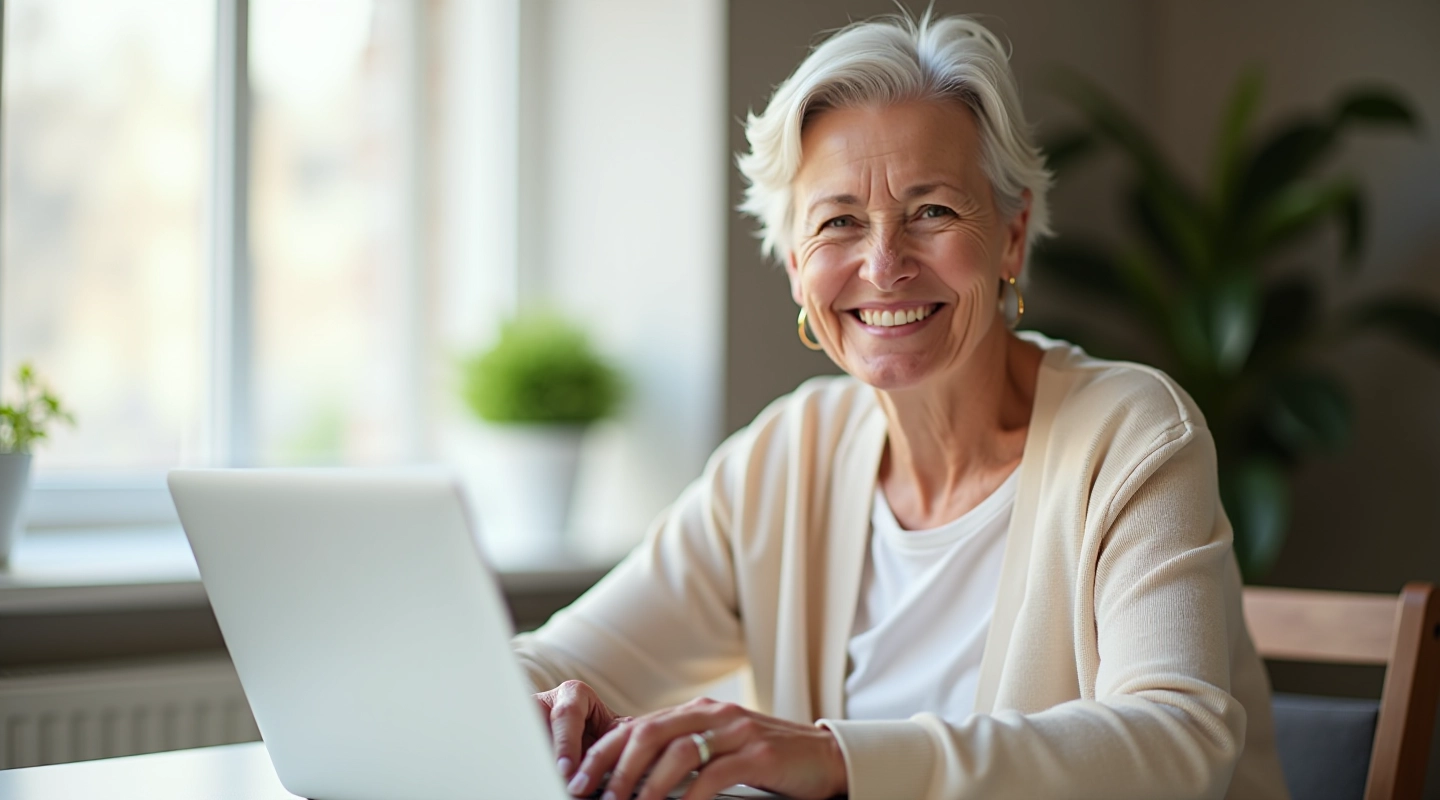 Older woman smiling at camera while sitting at desk with laptop and cup of tea, bright natural light from window