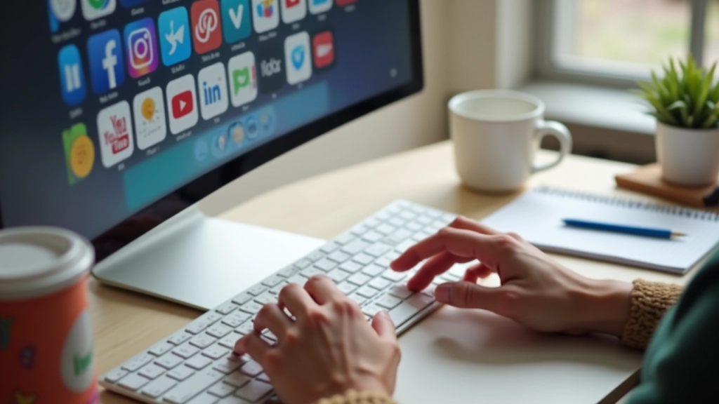 Workspace scene with hands typing on keyboard, notebook and pen nearby on desk with cup of coffee, bright natural lighting